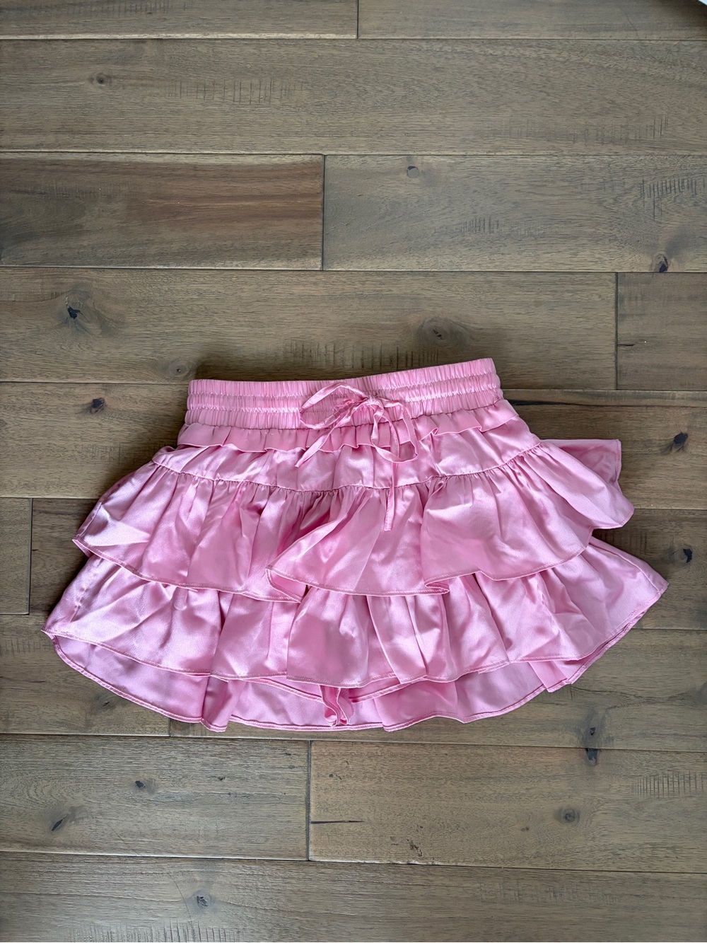 day + moon Tiered Satin Ruffle Mini Skirt Skort light pink Small